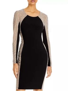 *Aqua Black Sheath Bodycon Dress Rhinestone Illusion Sleeves & Panels Sexy